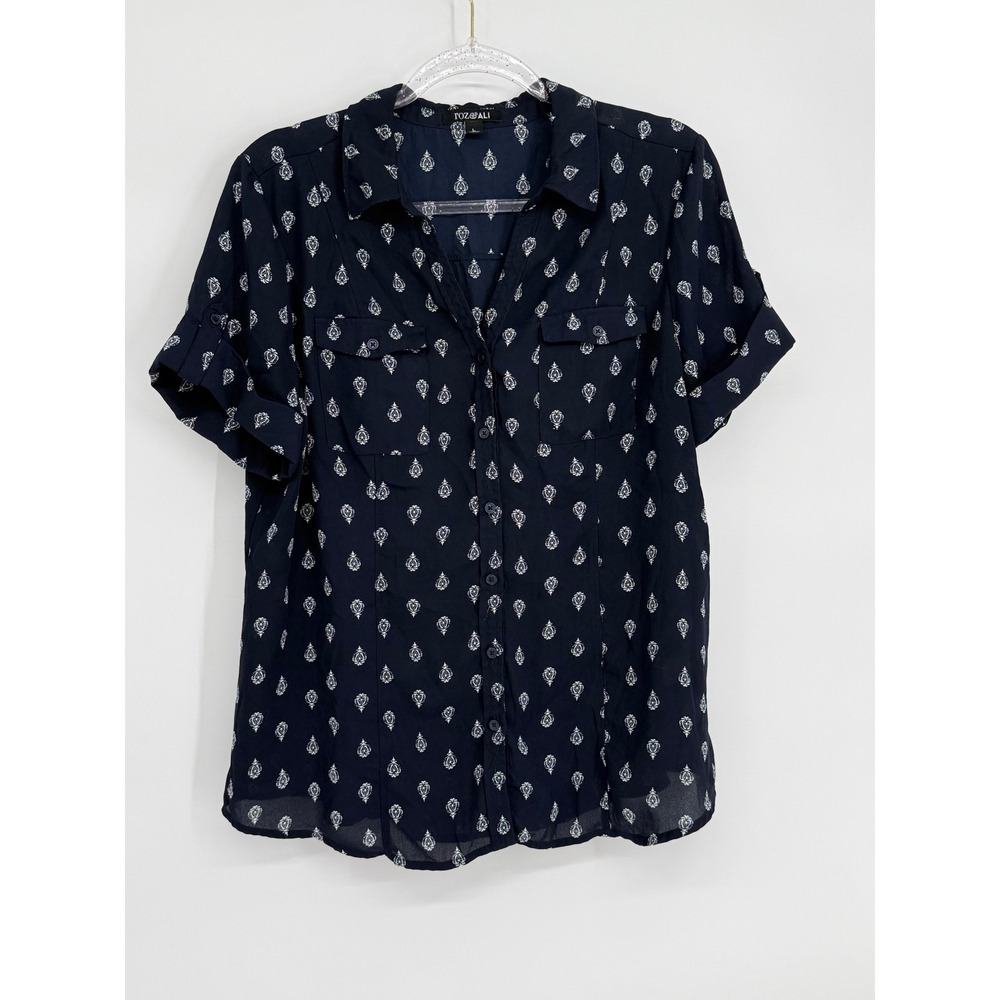 Roz & Ali Womens Navy White Medallion Print Short Sleeve Button Down Shirt Sz L